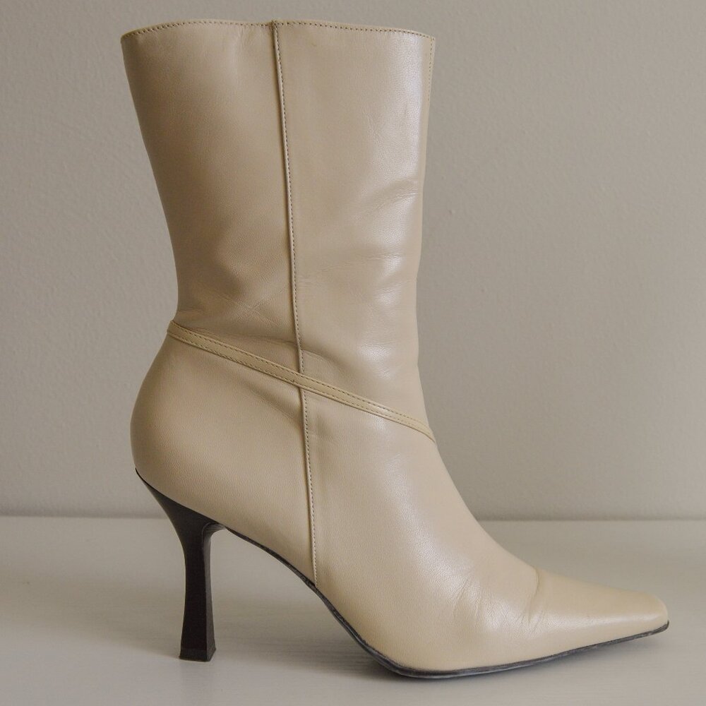 Gianni Bini Joely Cream Leather Pointed Toe Heeled Boots